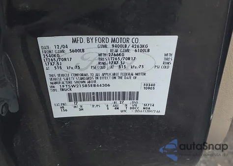 2005 Ford F-250 Lariat/Xl/Xlt из США, поврежденный, VIN 1FTSW21585EB44306